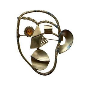 Vintage Modernist Cubist Brooch Gold  Tone Abstract Face Hammered Metal